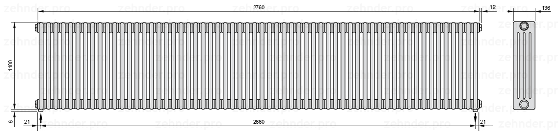 Схема (чертеж) Радиатор Zehnder Charleston 4110/60 №3570 Белый глянцевый RAL 9016